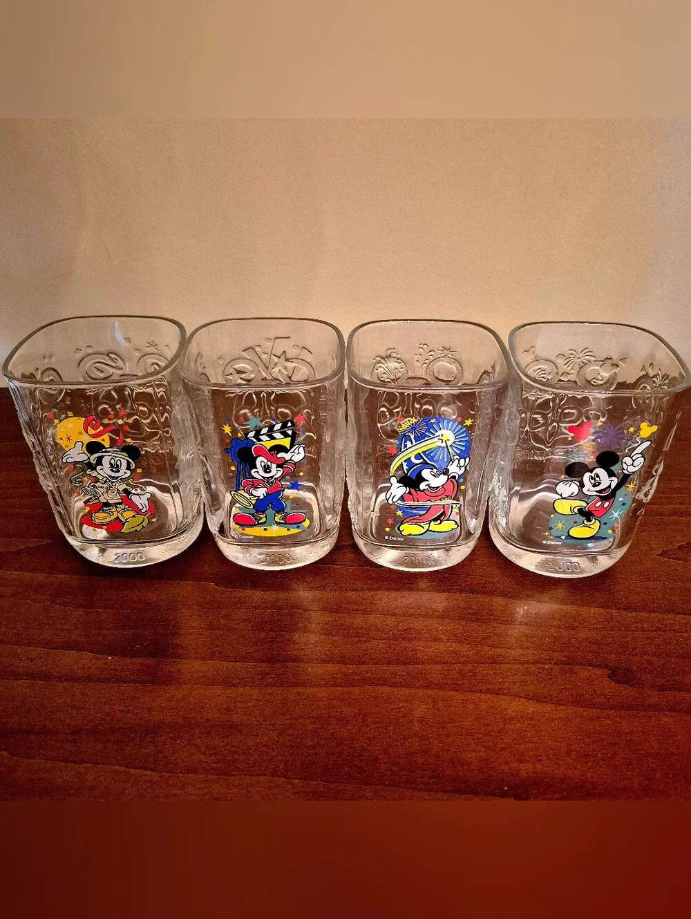 Vintage Mickey Mouse Themed Clear Glass Tumblers -Set of 4 - Colorful Designs